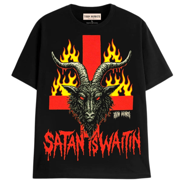 SATAN IS WAITIN T-Shirts MONSTERDIGITAL Small Black 