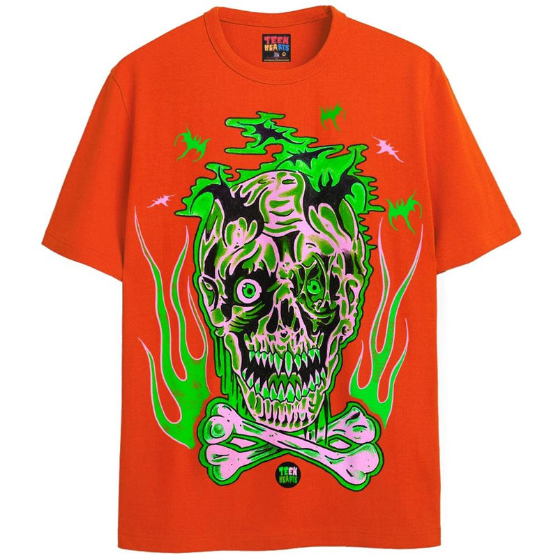 SKULLS + BATS T-Shirts DTG Small Orange 