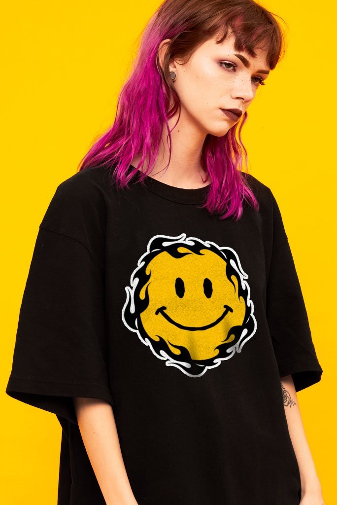 SMILEY FLAMES T-Shirt DTG Black L 